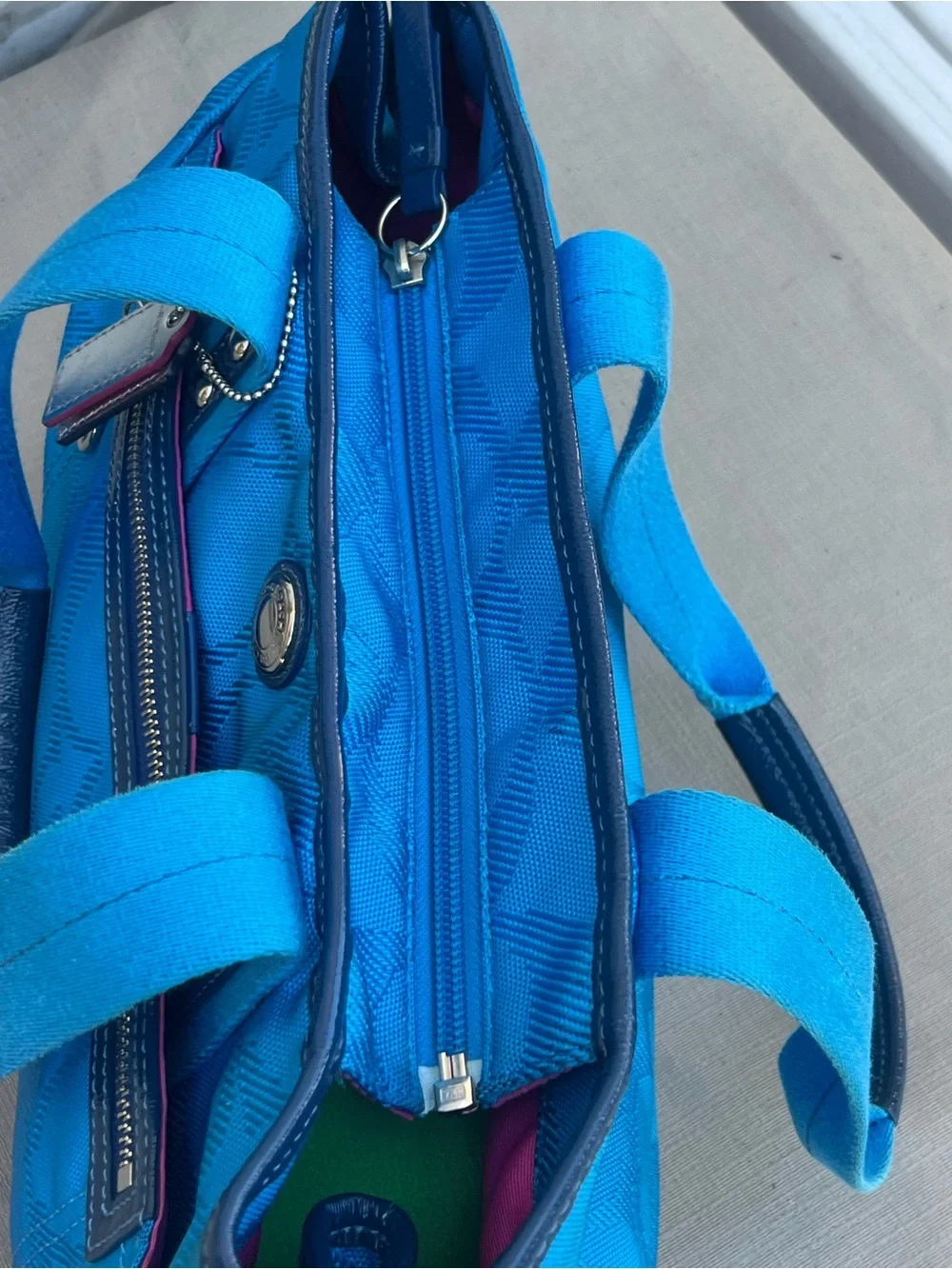 Coach Bright Blue Signature Canvas Tote with Navy Trim